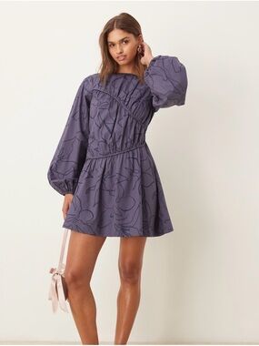 ASOS Purple Floral Balloon-Sleeve Mini Dress